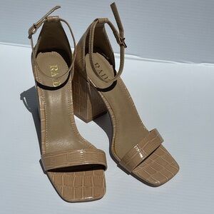 Size‎ 7.5/38 Realynn Nude Croc Patent Square-Toe Ankle Strap Block Heels by Raid